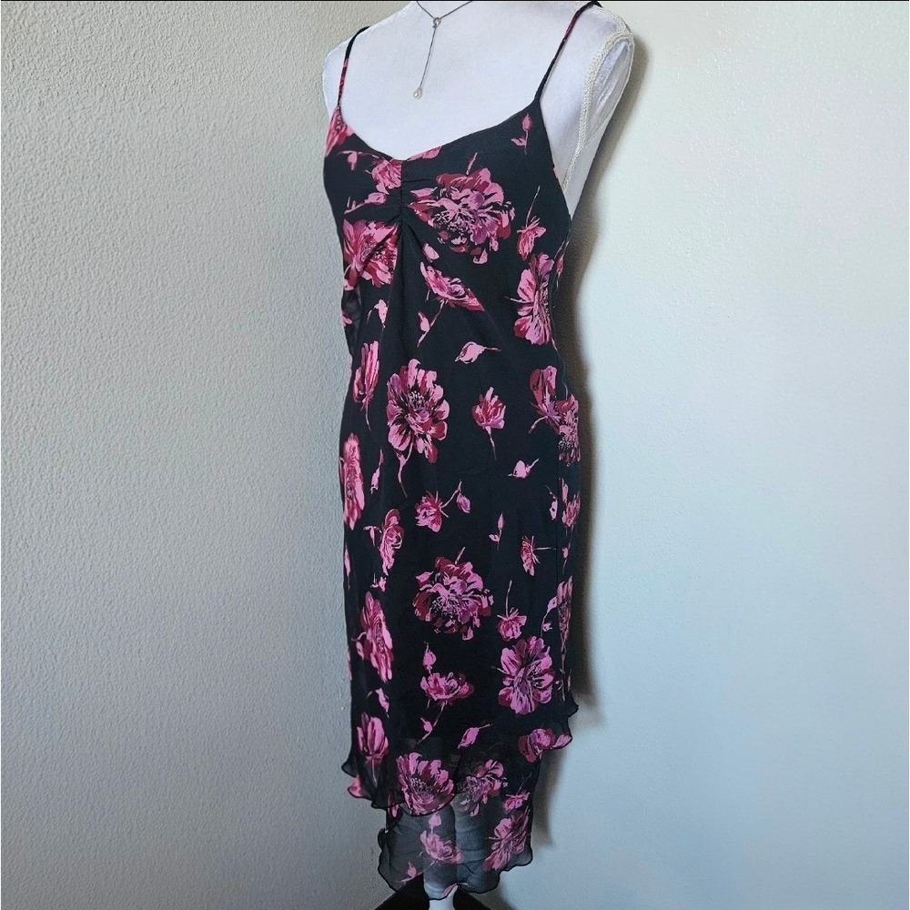 Floral Chiffon Midi Dress Black Pink Floral Asymmetrical